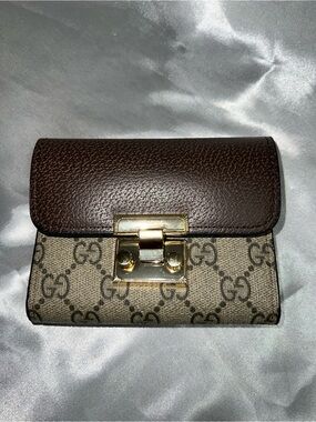 Inspired Beige GG Canvas Wallet with Brown Leather Flap and Gold Hardware